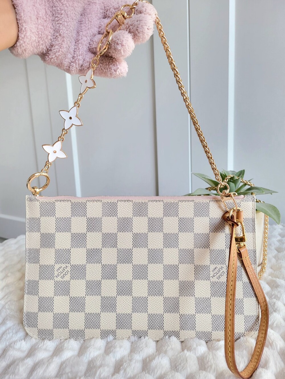 💕 Louis Vuitton Neverfull Mm/Gm Clutch Wristlet Damier Azur Rose Ballerine